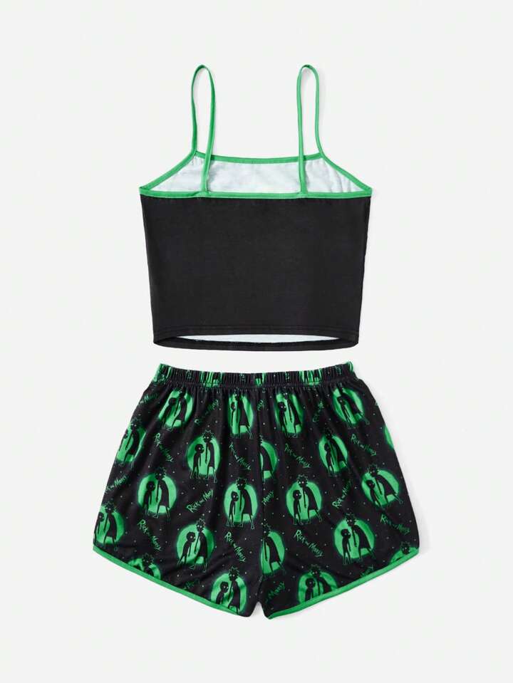 Rick and Morty | ROMWE Letter Cartoon Graphic Contrast Binding PJ Set, School