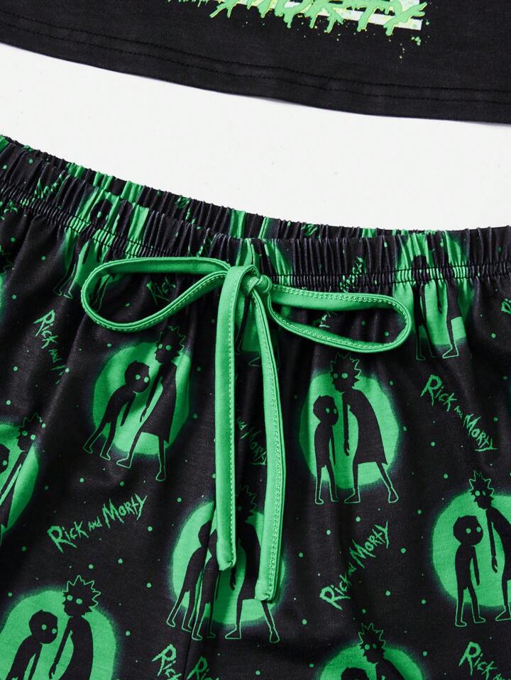 Rick and Morty | ROMWE Letter Cartoon Graphic Contrast Binding PJ Set, School