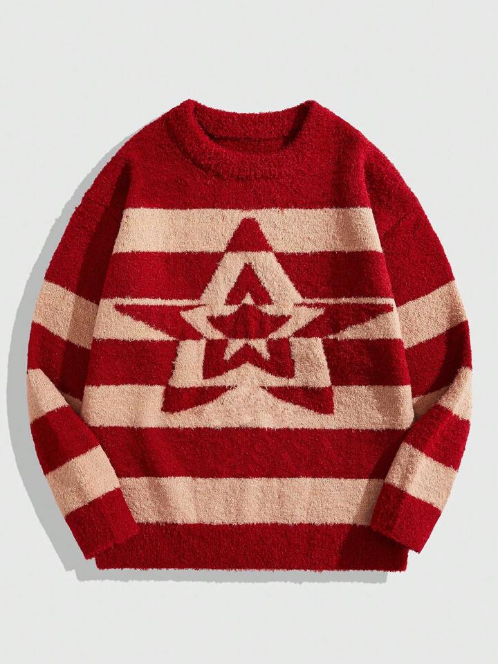 Prep Men's Casual Colorblock Striped & Furry Star Pattern Sweater, Autumn/Winter