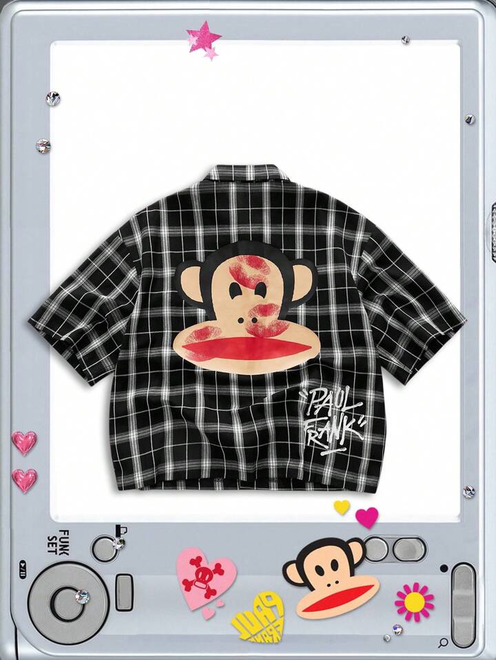 Paul Frank X ROMWE Men's Plaid And Letter Graphic Button Front Summer Short Sleeve Shirt