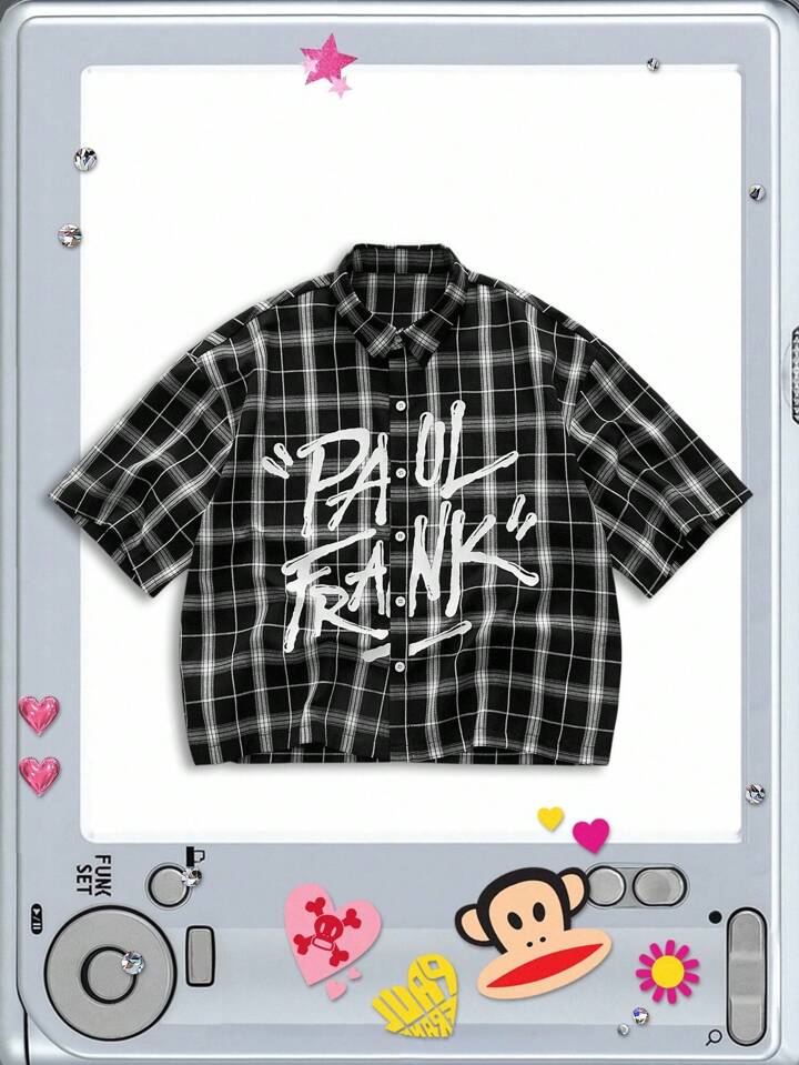 Paul Frank X ROMWE Men's Plaid And Letter Graphic Button Front Summer Short Sleeve Shirt 2 Paul Frank X ROMWE Men's Plaid And Letter Graphic Button Front Summer Short Sleeve Shirt