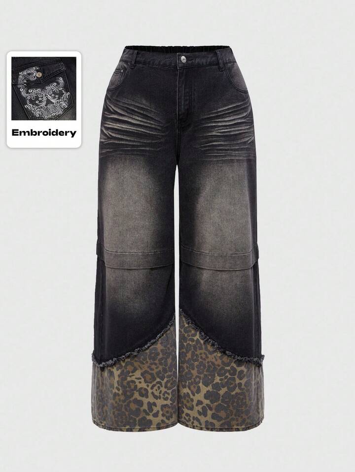 Plus Size Gothic Street Vintage Patchwork Leopard Skull Embroidery Jeans, Loose Version Autumn/Winter Bottoms For Plus Size Women, Distressed Frayed Relaxed Fit Wide Leg Jeans