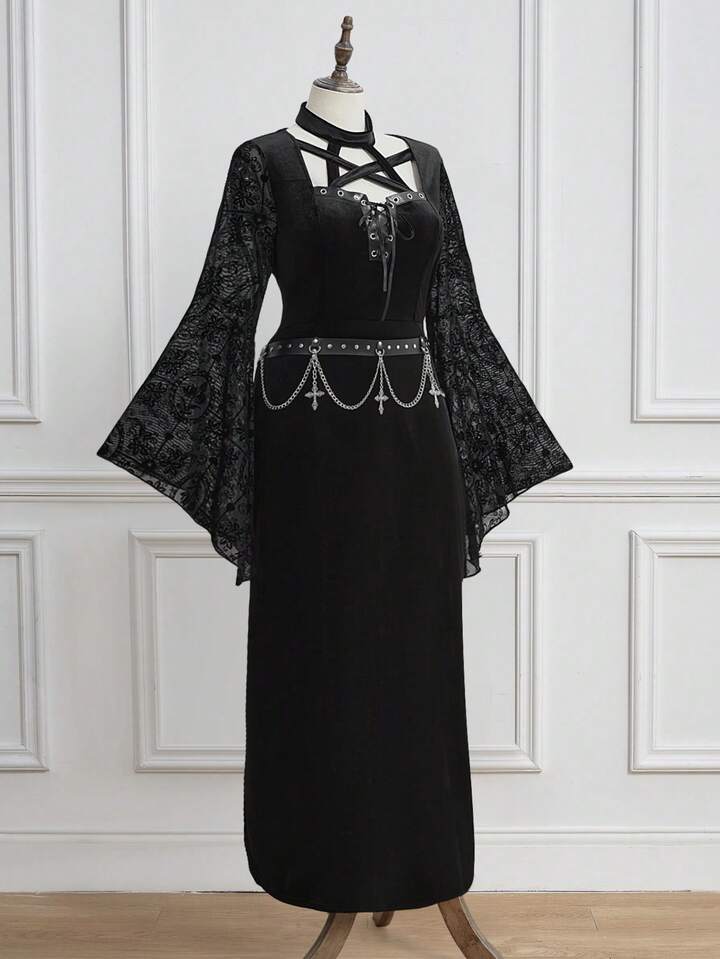 EDITION Plus Size Gothic Collar Halter Five-Pointed Star Long Sleeve Asymmetrical Flared Sleeve Slit Side Cross Pendant Belt Decor Maxi Dress, Autumn/Winter Plus Size Women Long Halter Sexy Dress, Autumn/Winter Plus Size Gothic Style Elegant Sexy Party Maxi Dress