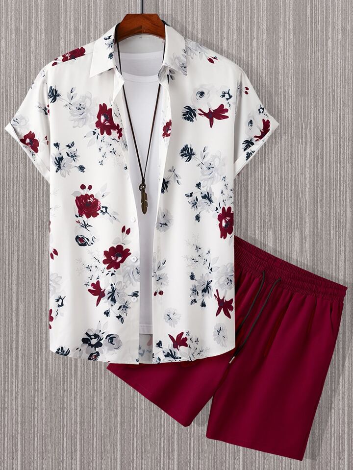 Guys Floral Print Shirt & Drawstring Waist Shorts Without Tee