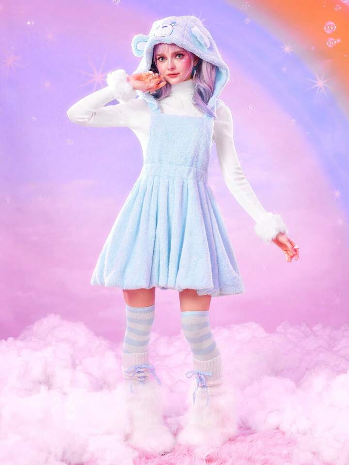 ROMWE X Care Bears Cute Cartoon Bear Embroidery Pattern 3D Ears Fuzzy Mini Dress For Women