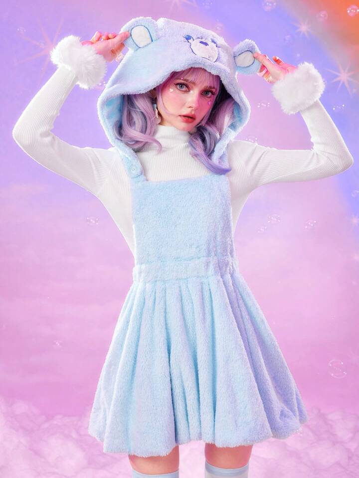 ROMWE X Care Bears Cute Cartoon Bear Embroidery Pattern 3D Ears Fuzzy Mini Dress For Women 2 ROMWE X Care Bears Cute Cartoon Bear Embroidery Pattern 3D Ears Fuzzy Mini Dress For Women
