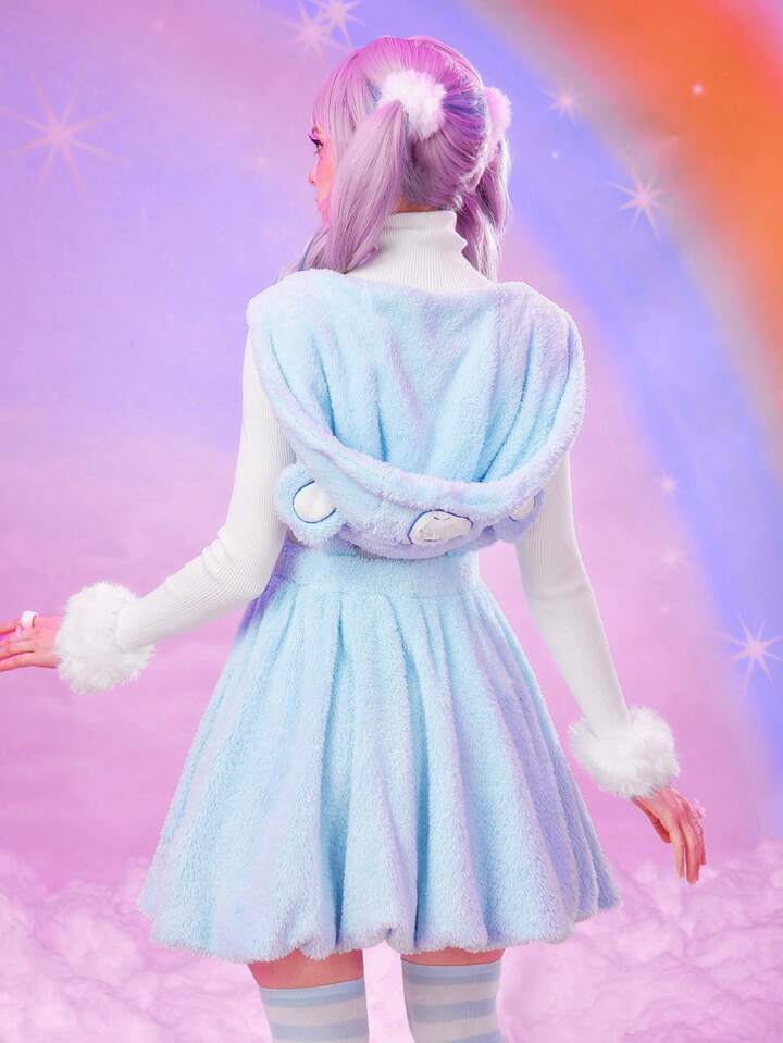 ROMWE X Care Bears Cute Cartoon Bear Embroidery Pattern 3D Ears Fuzzy Mini Dress For Women 3 ROMWE X Care Bears Cute Cartoon Bear Embroidery Pattern 3D Ears Fuzzy Mini Dress For Women