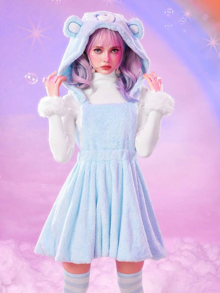 ROMWE X Care Bears Cute Cartoon Bear Embroidery Pattern 3D Ears Fuzzy Mini Dress For Women 5 ROMWE X Care Bears Cute Cartoon Bear Embroidery Pattern 3D Ears Fuzzy Mini Dress For Women