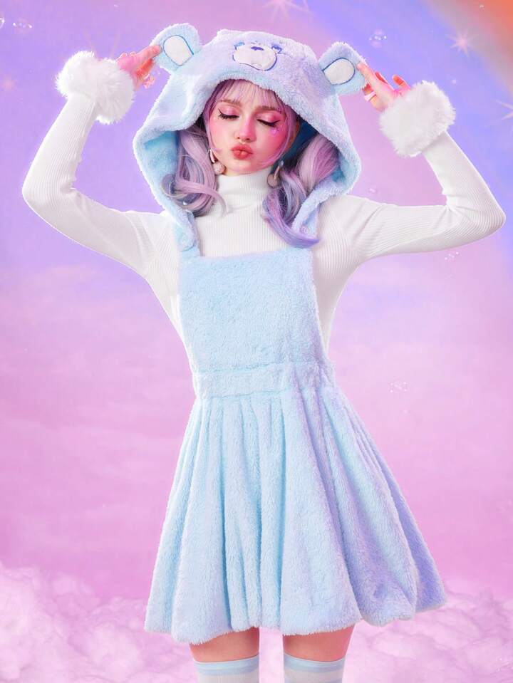 ROMWE X Care Bears Cute Cartoon Bear Embroidery Pattern 3D Ears Fuzzy Mini Dress For Women 6 ROMWE X Care Bears Cute Cartoon Bear Embroidery Pattern 3D Ears Fuzzy Mini Dress For Women