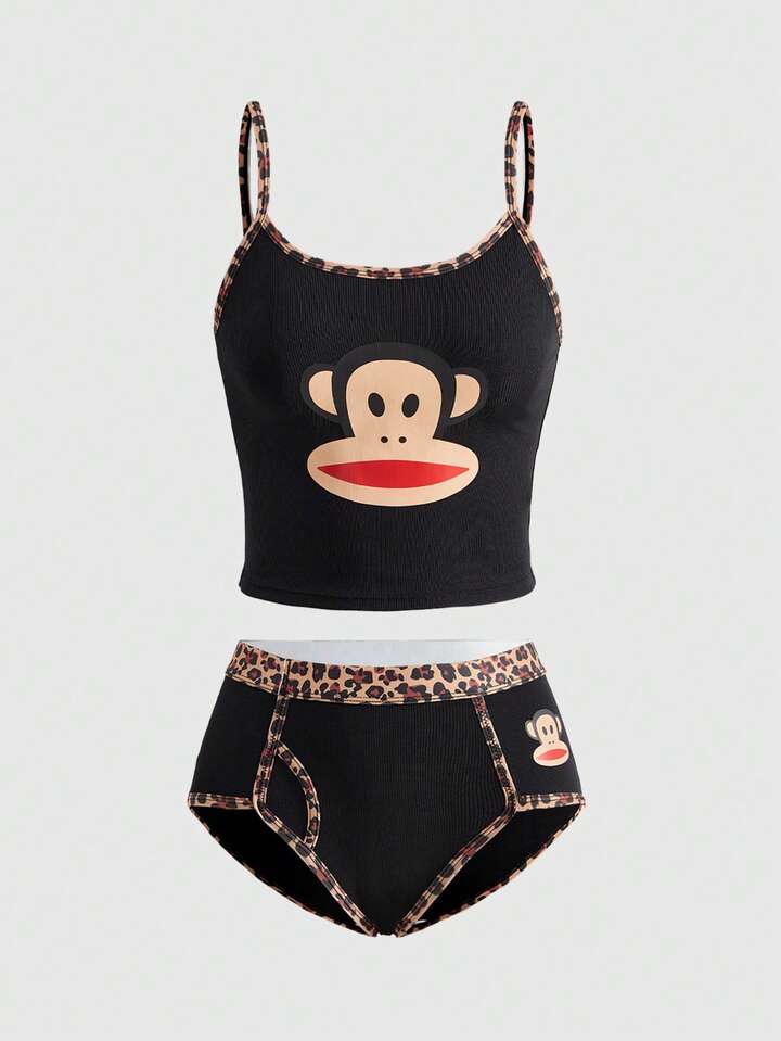 Paul Frank X ROMWE Contrast Leopard Binding Cartoon Monkey Print Camisole And Thong Underwear Set