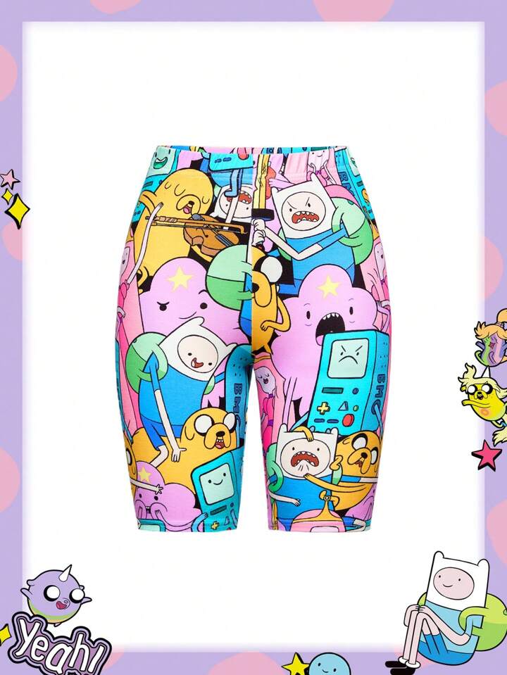 Adventure Time X ROMWE Y2K Cute And Funny Cartoon Pattern Elastic Waist Cycling Shorts For Summer