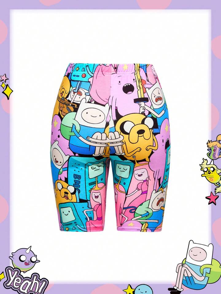 Adventure Time X ROMWE Y2K Cute And Funny Cartoon Pattern Elastic Waist Cycling Shorts For Summer