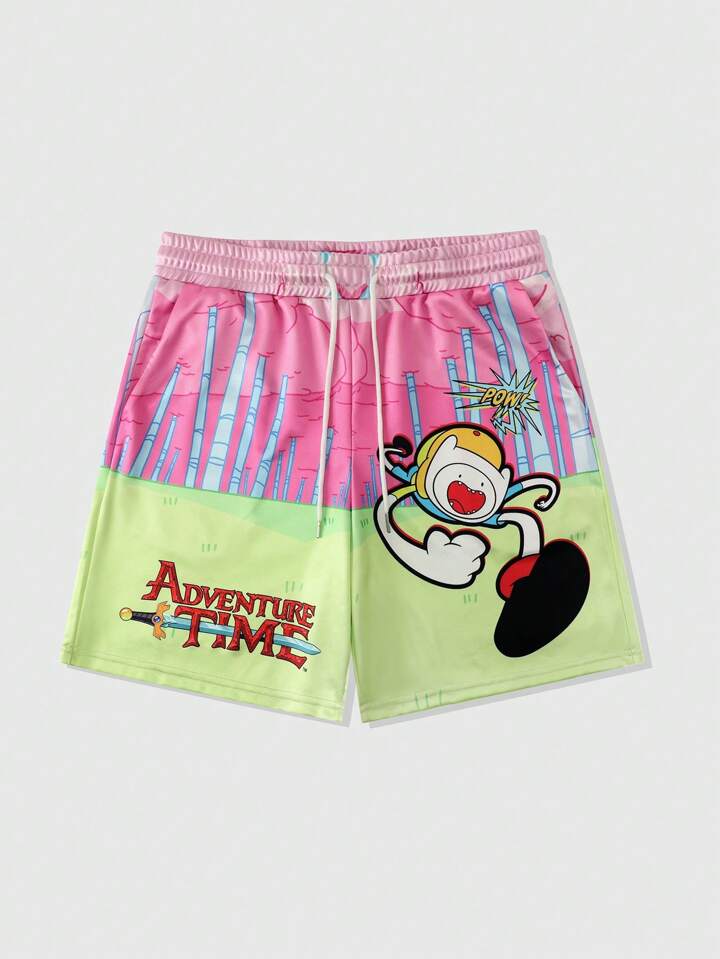 Adventure Time X ROMWE Men's Casual Street Cartoon & Letter Print Drawstring Waist Loose Shorts, Summer