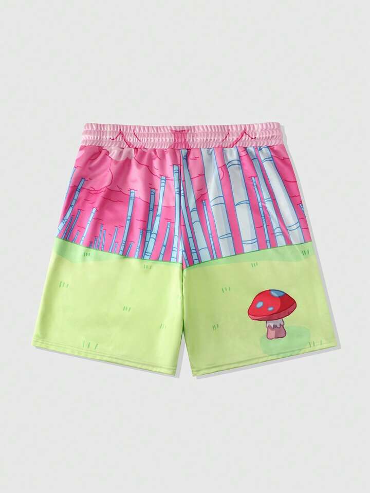 Adventure Time X ROMWE Men's Casual Street Cartoon & Letter Print Drawstring Waist Loose Shorts, Summer