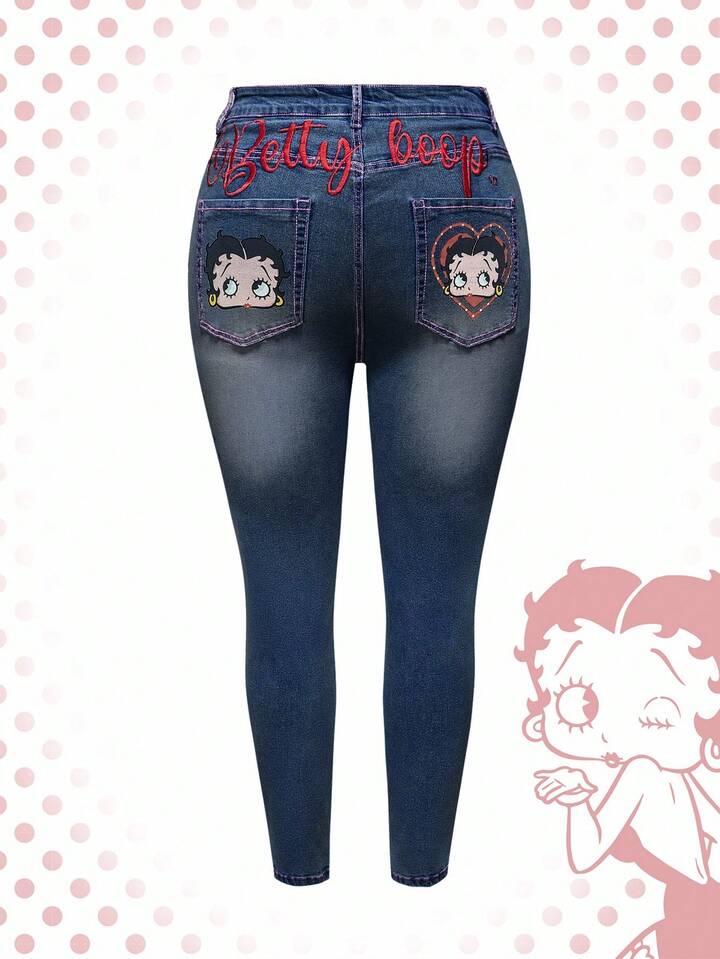 Betty Boop | ROMWE Plus Size Washed Letter Embroidery Skinny Jeans, Dark Blue