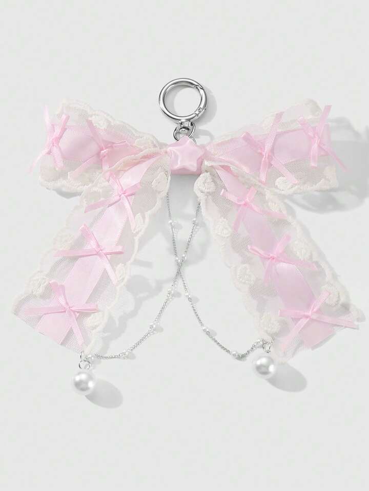 Kawaii 1pc Stylish & Cute Pink Chiffon Bow, Resin Glitter Star & Faux Pearl Decor Chain Keychain, Versatile DIY Accessory For Women, Ideal For Daily Wear And Holiday Gifts