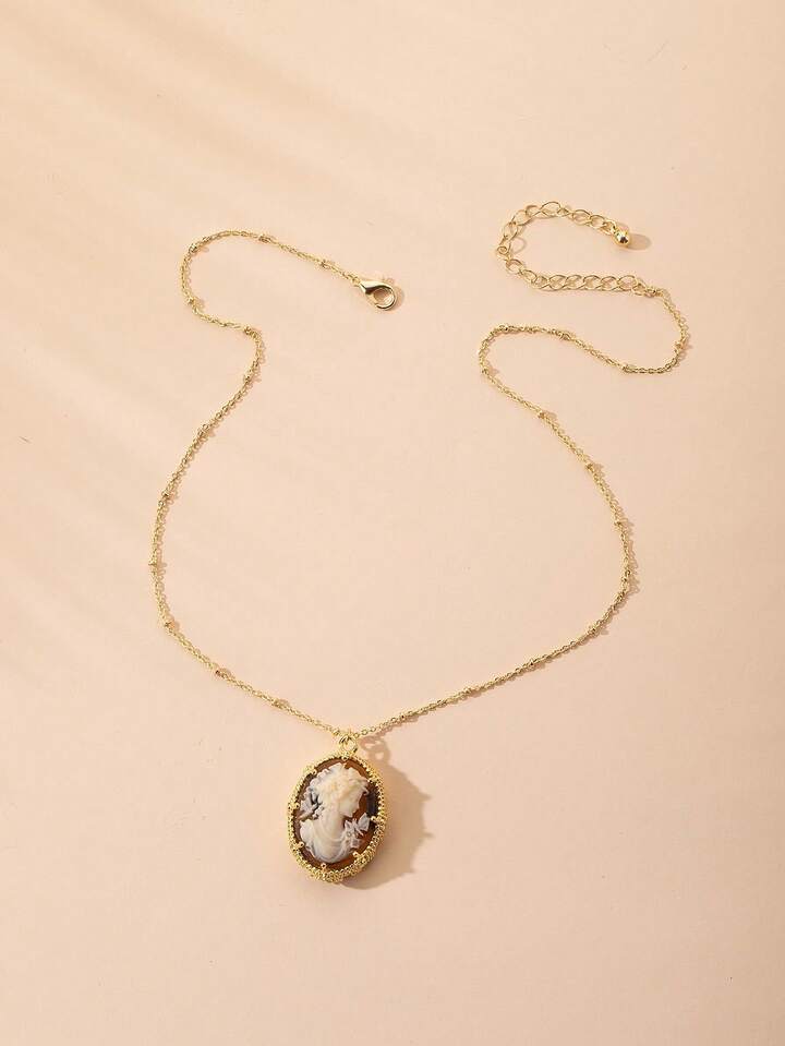 1pc Vintage Relief Goddess Head Pendant Necklace For Women