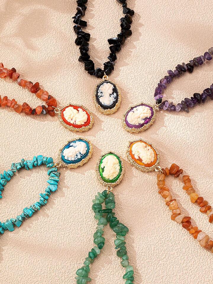 1pc Vintage Relief Goddess Head Pendant Necklace For Women