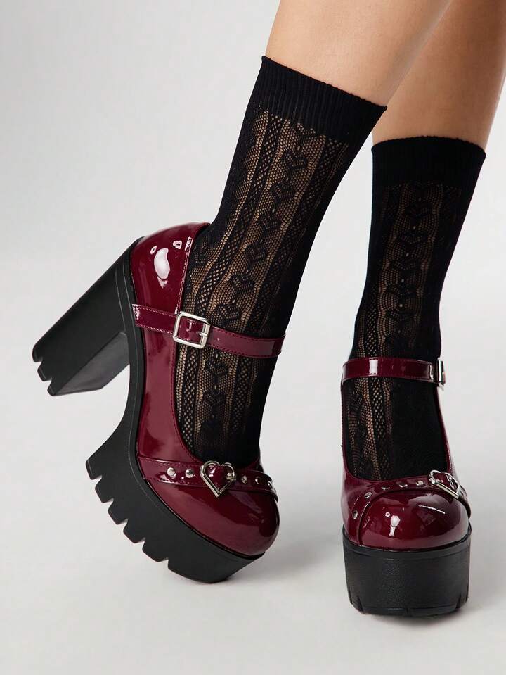 Women's Sexy Burgundy Studded Double Strap Platform High Heel Pumps, Spring/Autumn Fashion Closed Toe Studded Heart-Shaped Buckle Pumps, Nightclub Party Thick Waterproof Platform Chunky Heel Mary Jane Shoes For Christmas