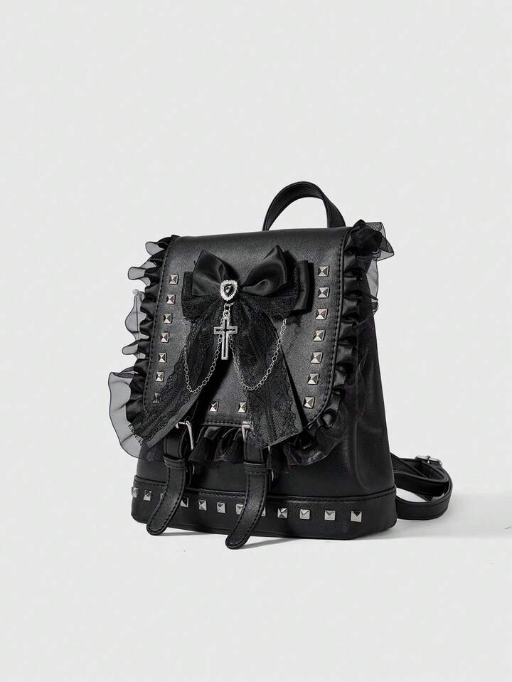 Goth Women's Punk Style Fashion Backpack With Bow Rivet Decor