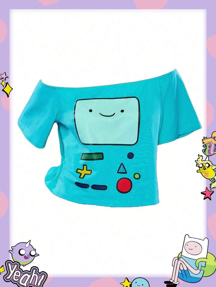Adventure Time X ROMWE Plus Size Women's Casual Cartoon Pattern Off-Shoulder Short Sleeve T-Shirt, Summer