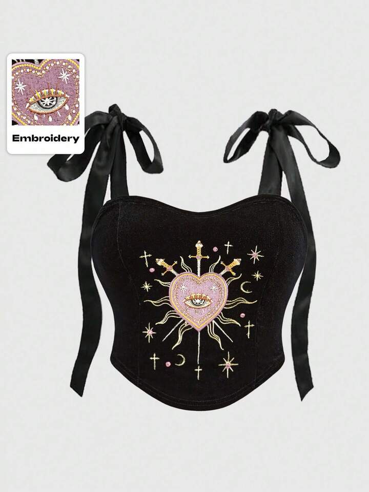Plus Size Women Gothic Lolita Style Heart Embroidery Rhinestone Crystal Teardrop Star Decor Square Neck Lace-Up Camisole Crop Top