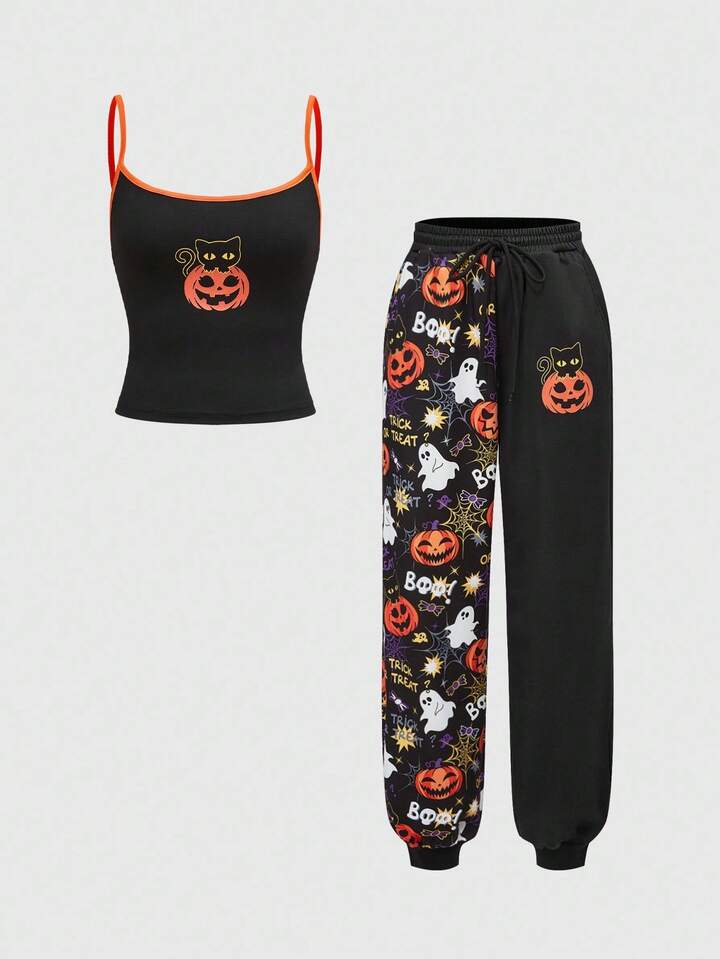 2pcs/Set Halloween Pumpkin & Ghost Print Tank Top & Sweatpants