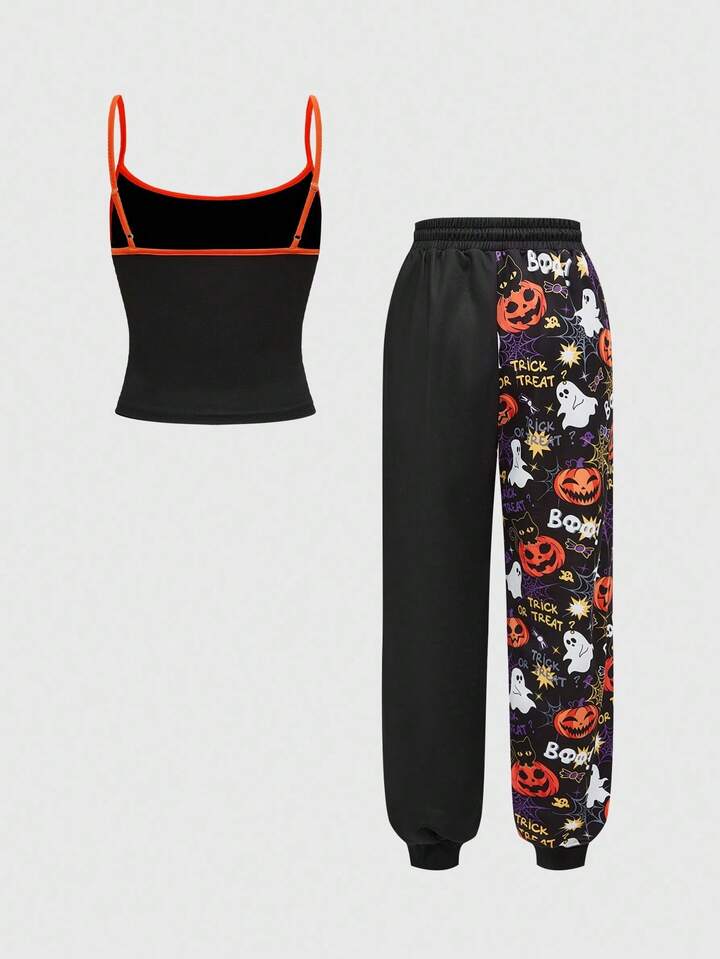 2pcs/Set Halloween Pumpkin & Ghost Print Tank Top & Sweatpants