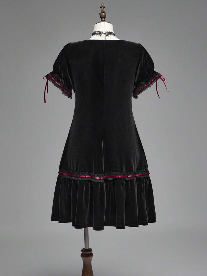 Plus Size Vintage Romantic Dark Sweet Flare Sleeve Velvet Waist Dress, Birthday Dress 2 Plus Size Vintage Romantic Dark Sweet Flare Sleeve Velvet Waist Dress, Birthday Dress