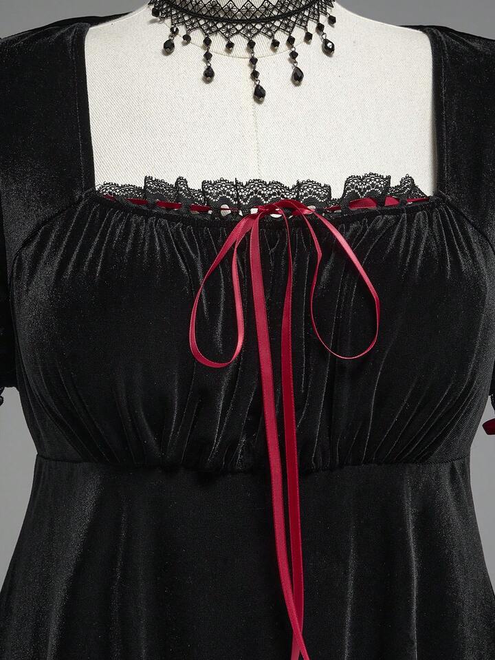 Plus Size Vintage Romantic Dark Sweet Flare Sleeve Velvet Waist Dress, Birthday Dress 3 Plus Size Vintage Romantic Dark Sweet Flare Sleeve Velvet Waist Dress, Birthday Dress