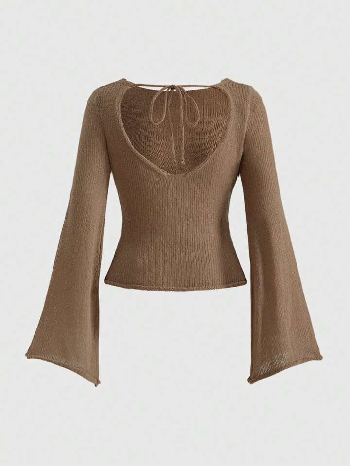 Backless Tie-Up Design Flare Sleeve Fitted Sheer Women Knit Top