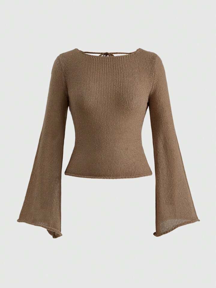 Backless Tie-Up Design Flare Sleeve Fitted Sheer Women Knit Top