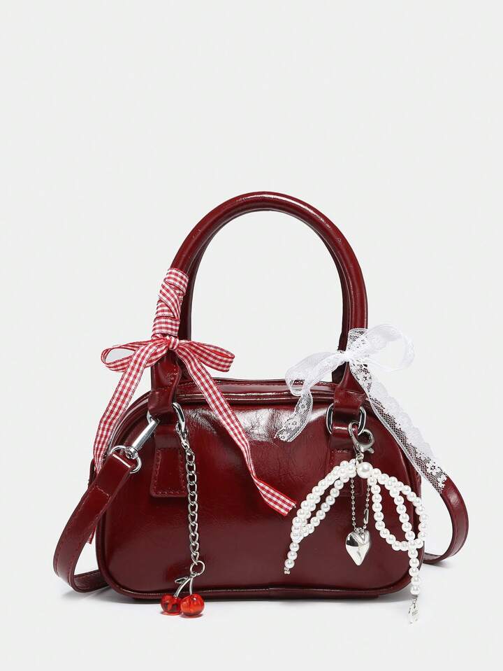 Women's Cute Ballet Style Cherry Faux Pearl & Bow Decor Mini Handbag, Fashionable Burgundy Bag, Fashionable Bow Purse For Women , Red Bag , Cute