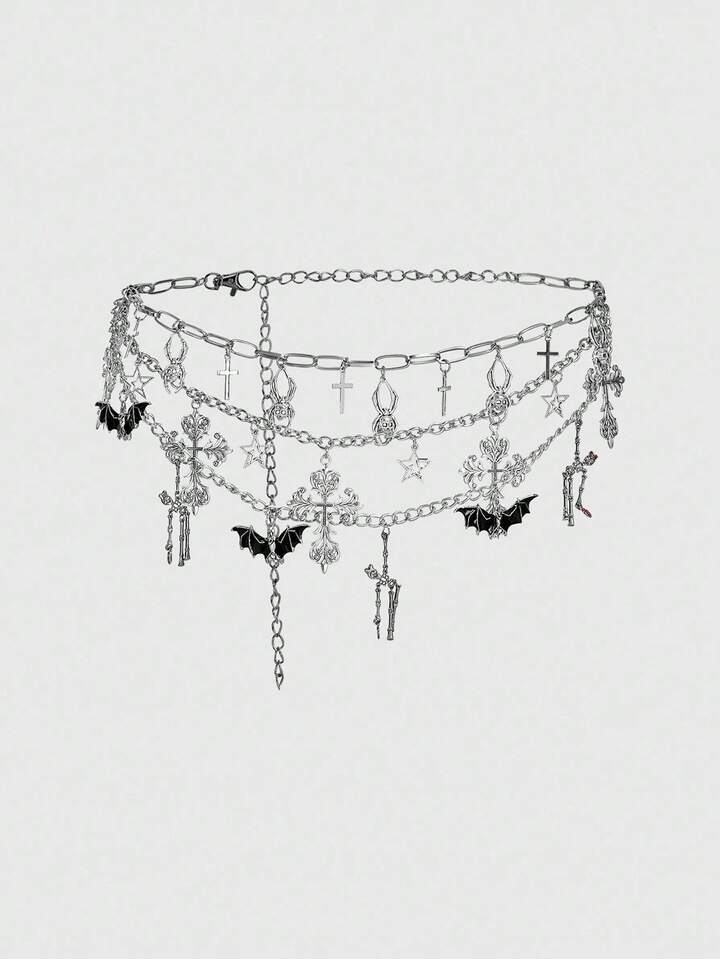 1pc Women Silver & Black Bat, Skull, Cross Decor 3-Layer Chain Belt, Gothic & Elegant Waist Chain Accessories, Suitable For Dresses, Halloween, Everyday Use
