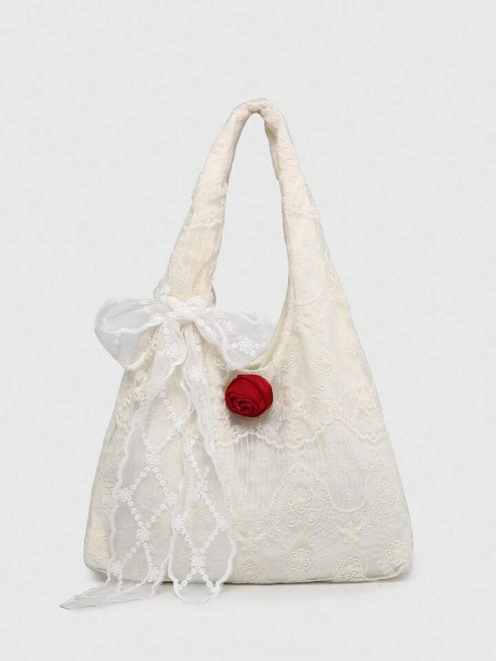 Kawaii Women's Retro Vacation Style Net Mesh Ruffle Bow Decor Large Capacity Tote Bag