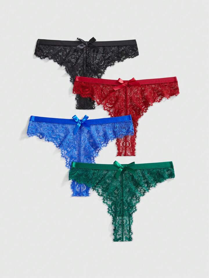 5pcs Lace Bow Decor Triangle Underwear Set