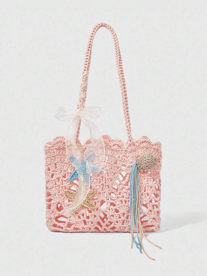 Kawaii Women's Boho Style Handmade Crochet Starfish Decor One Shoulder Bag, Vacation Beach Bag