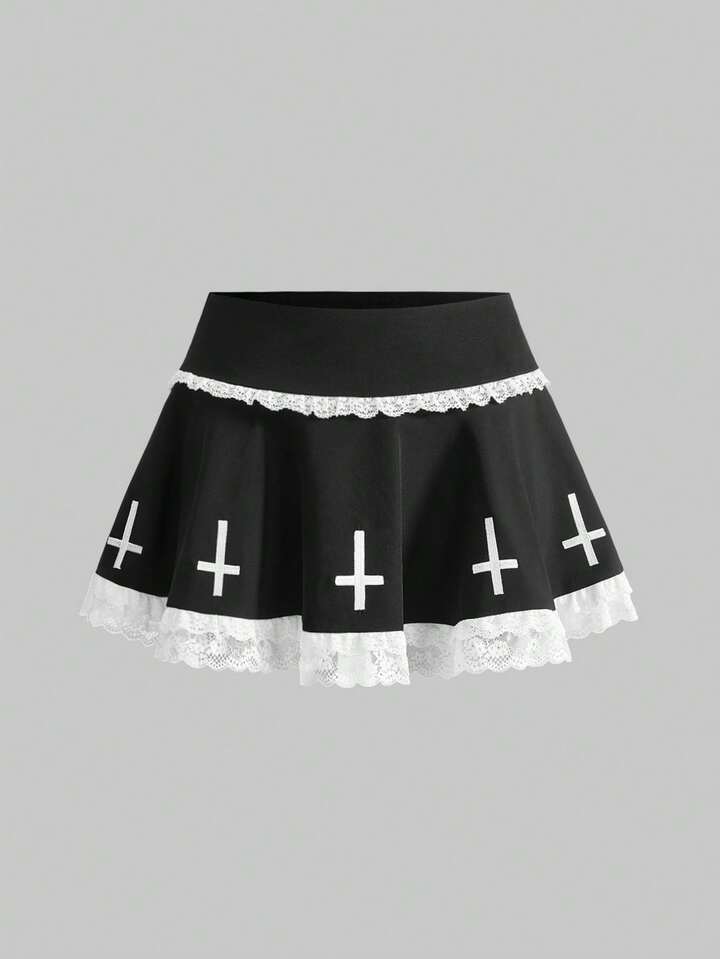Grunge Punk Gothic Cross Print Contrast Lace Super Low Waist Mini Pleated Skirt