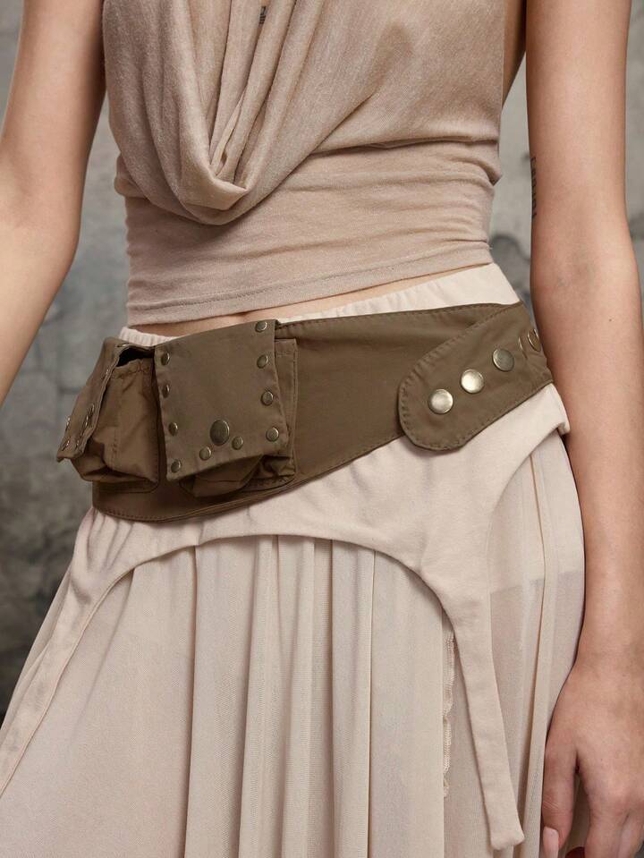 1pc Vintage Hippie Style Multi-Pocket Waist Bag With Rivet Decor Wide Waistband Belt For Women