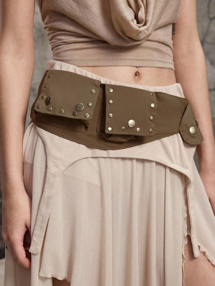 1pc Vintage Hippie Style Multi-Pocket Waist Bag With Rivet Decor Wide Waistband Belt For Women