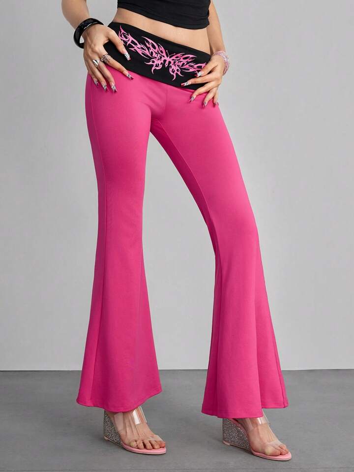 Grunge Punk Y2K Style Cross & Wings Rhinestone Embellished Flare Waist Women Pants