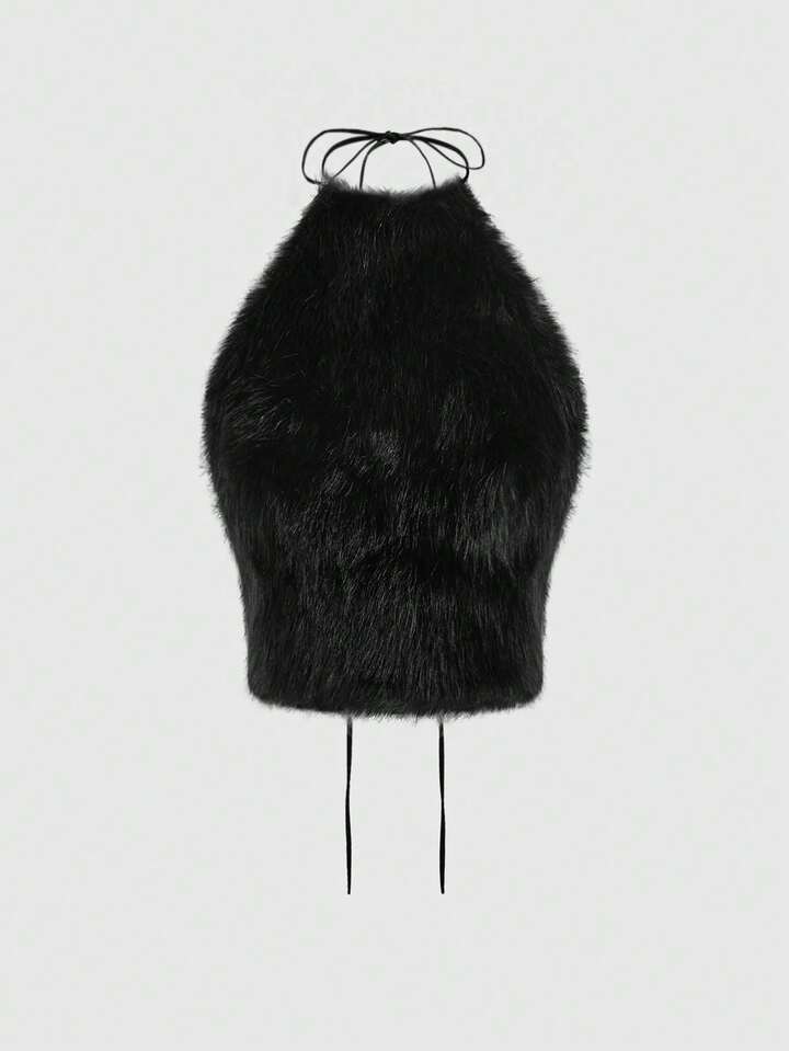 Grunge Punk Y2K Sexy Faux Fur Collar Backless Vest For Women