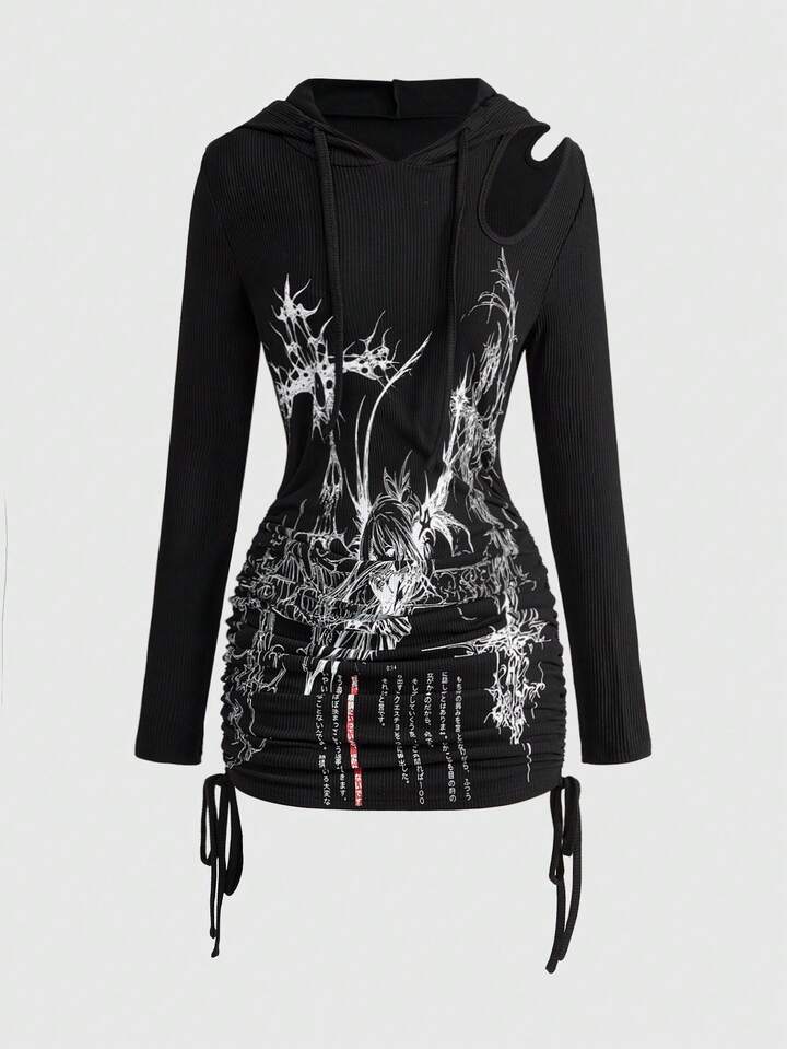 Grunge Punk Women's Punk Asymmetrical Cutout Drawstring Ruched Hooded Dress