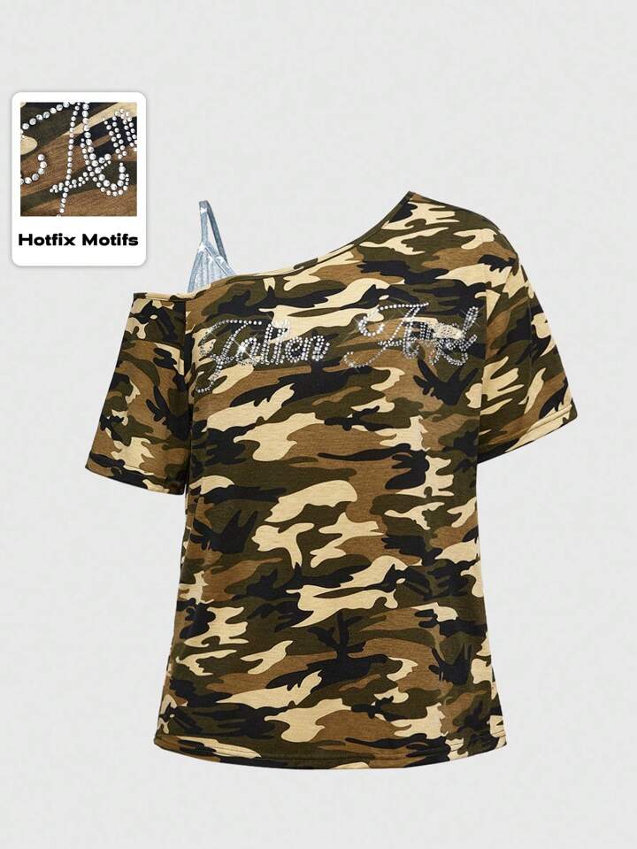 Grunge Punk Gothic Punk Wing Camo Printed Rhinestone Oblique Shoulder Loose T-Shirt For Women