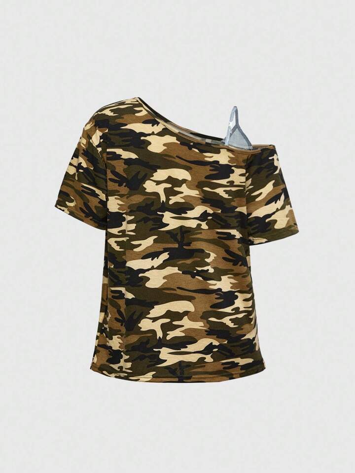 Grunge Punk Gothic Punk Wing Camo Printed Rhinestone Oblique Shoulder Loose T-Shirt For Women 2 Grunge Punk Gothic Punk Wing Camo Printed Rhinestone Oblique Shoulder Loose T-Shirt For Women