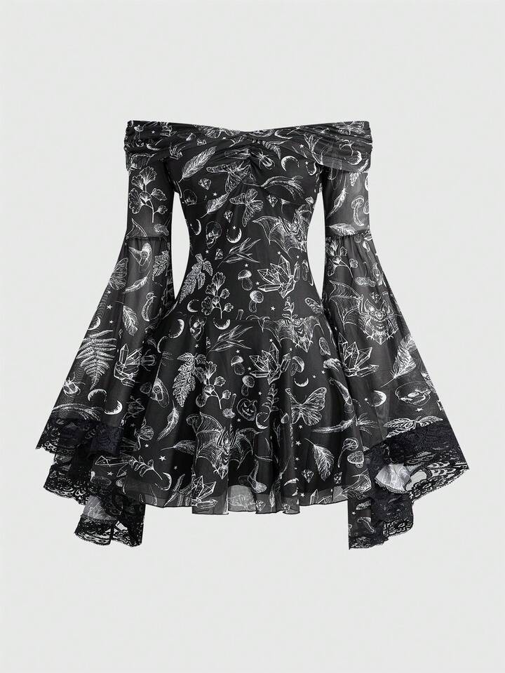 Women's Retro Romantic Gothic Skull, Bat, Plant Print Off Shoulder Flare Sleeve Asymmetrical Hem Lace Trim Short Dress