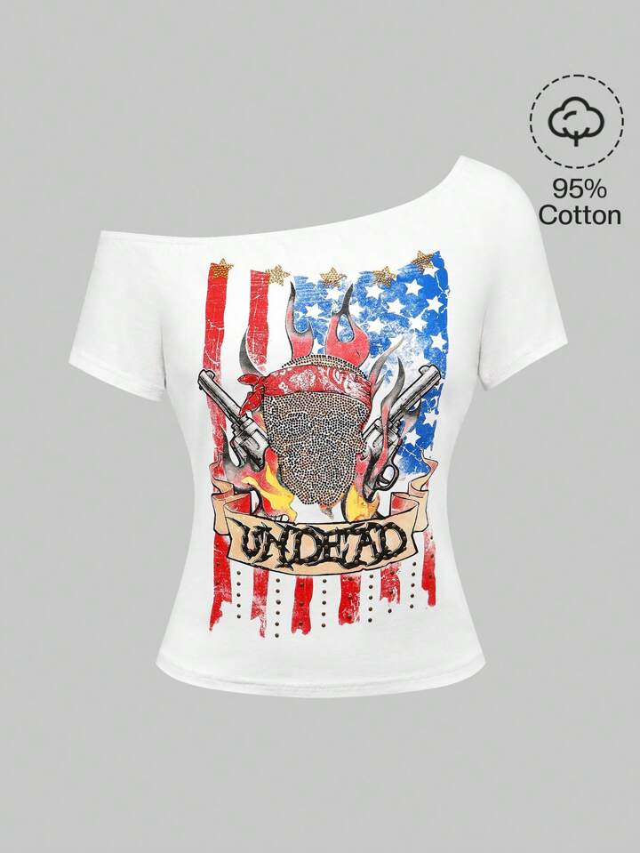 ROMWE Avant Women's Y2K Music Festival 4th Of July Asymmetric Shoulder Punk Style T-Shirt With Skull, Gun, USA Flag Rhinestone Print