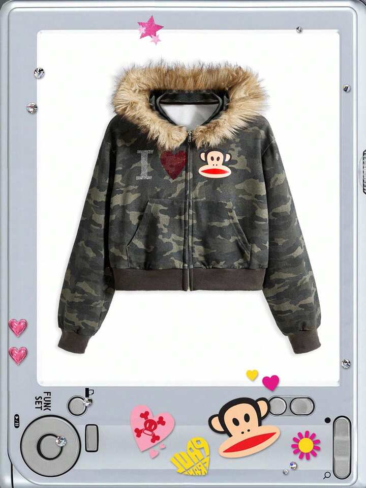 Paul Frank X ROMWE Plus Size Women Y2K Subculture Casual Fashion Street Chic Rhinestone Logo Camouflage Print Patchwork Frayed Hem Hooded Zip-Up Sweatshirt