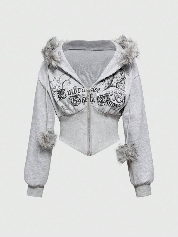 Grunge Punk Y2K Subculture Vintage Fitted Leopard Print Hooded Sweatshirt, Retro Vine Print Rhinestone Embellished Women Sweatshirt