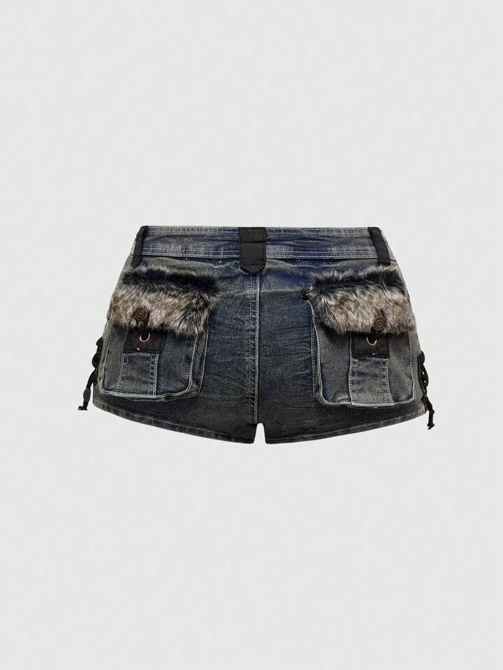 Grunge Punk Y2K Harajuku Gyaru Gal Style Patchwork Fuzzy Super Low-Rise Mini Super Low Waist Denim Shorts